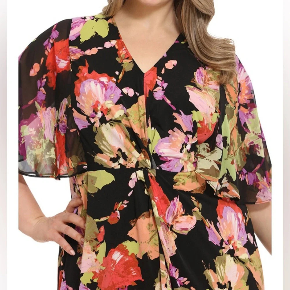 NWT Woman’s Plus Size Printed Twist-Front Capelet Abstract Floral Midi Dress 22W - Picture 4 of 9